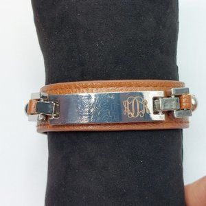 ADR Monogram on Silver Tone Plate Faux Leather Bracelet
